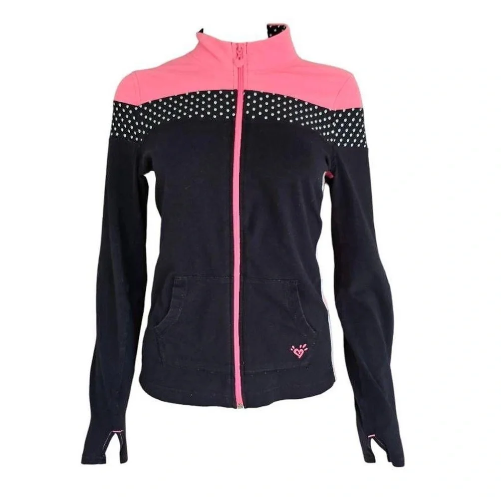 Justice Girls Track Jacket - Size 18 - Pink/Black with Polka Dots & Thumb Holes - Picture 1 of 5